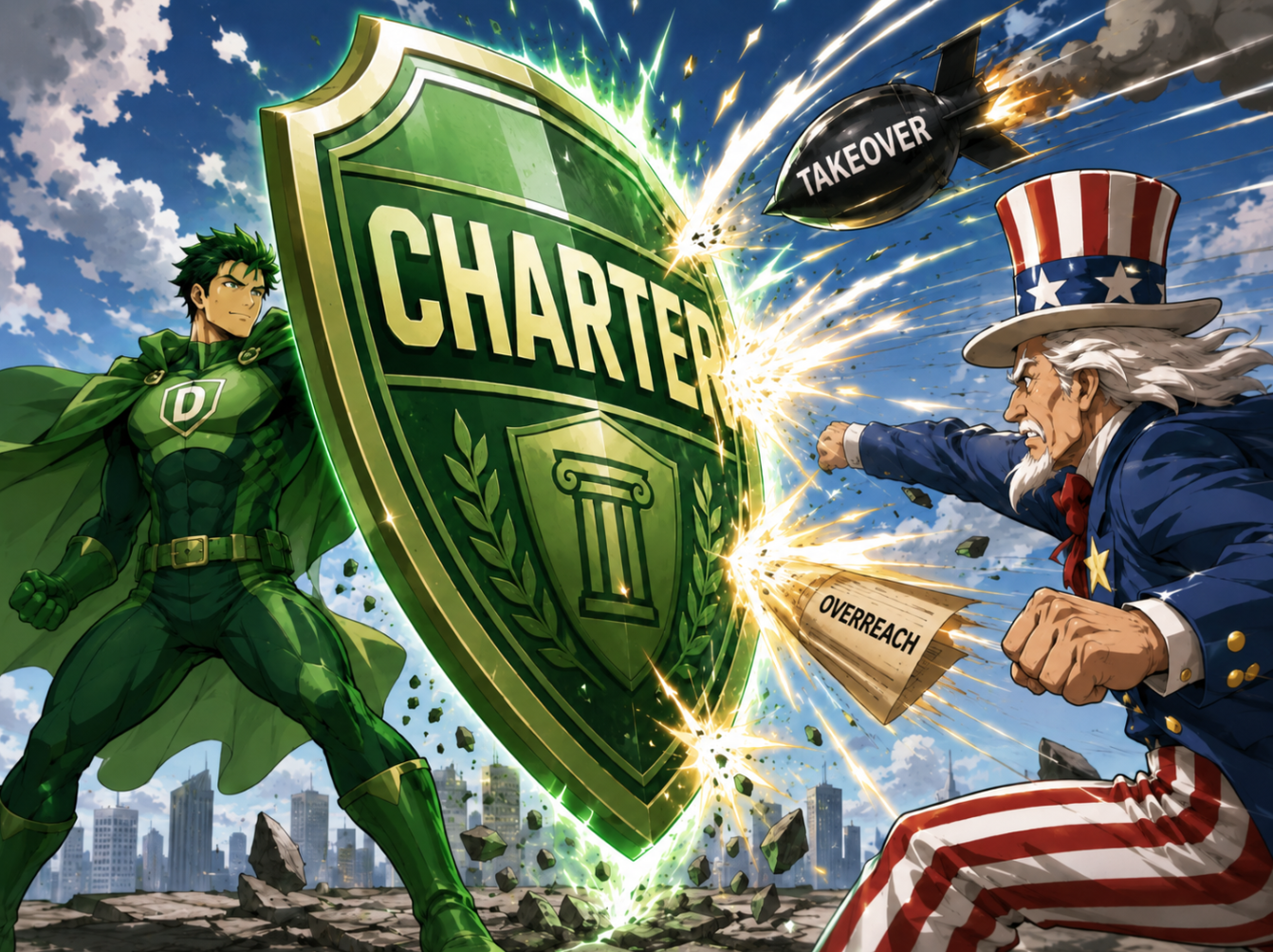 Comic-style scene of a green superhero defending a shield labeled Charter from attacks labeled Takeover and Overreach.